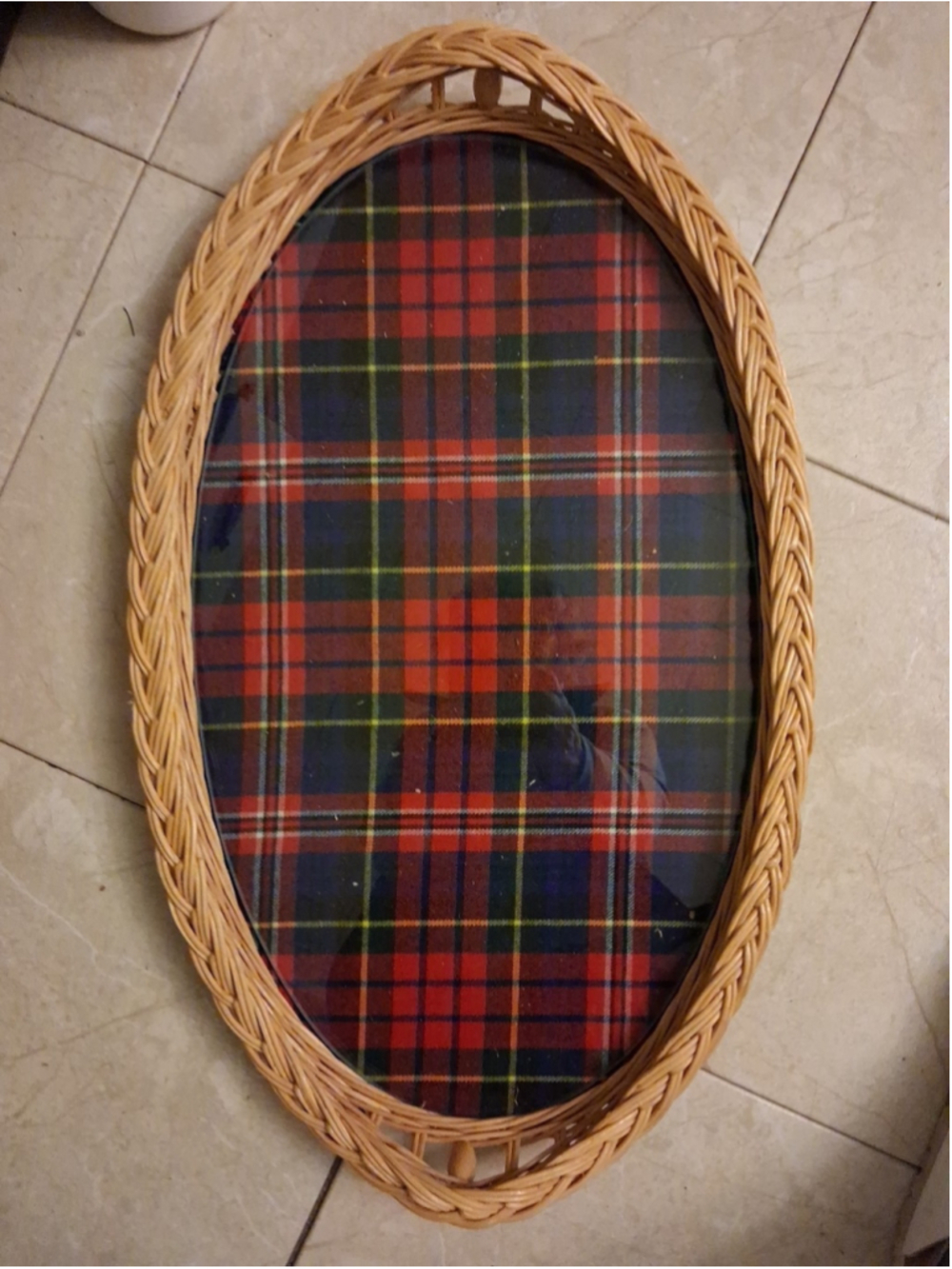 Vintage Tartan Wicker Serving Tray Oval 21 X 13 Inches